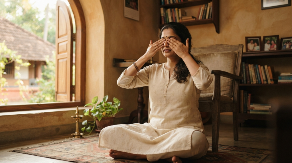 A person sitting in a quiet, sunlit room with palms gently cupped over their closed eyes, demonstrating the palming technique.