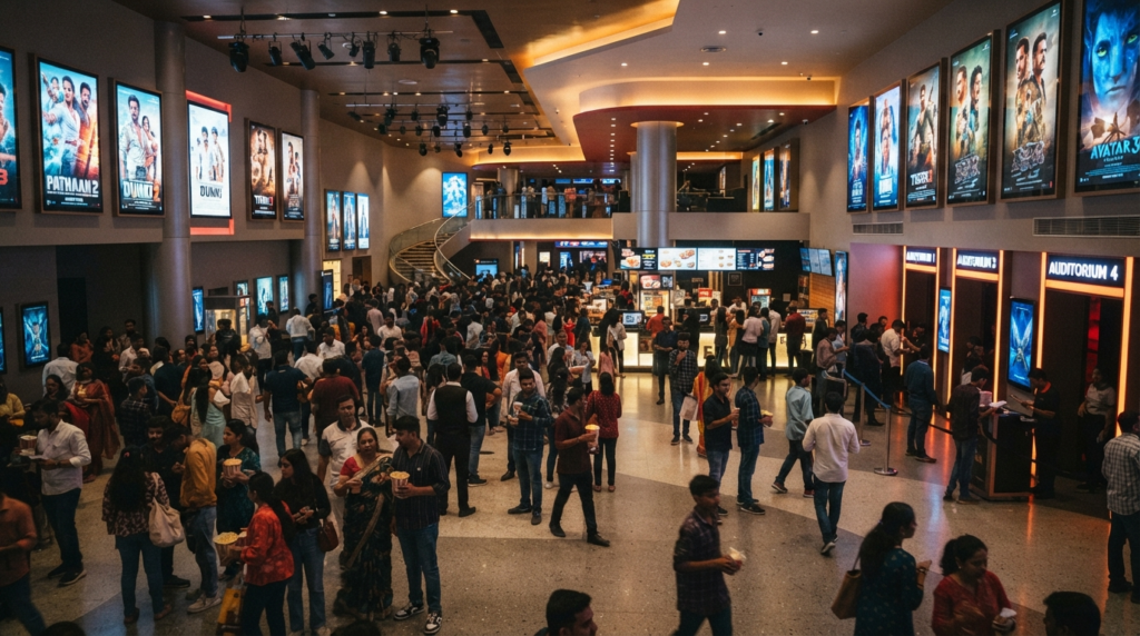 A crowded, illuminated lobby of a modern multiplex in Mumbai with digital posters of upcoming films glowing on the walls