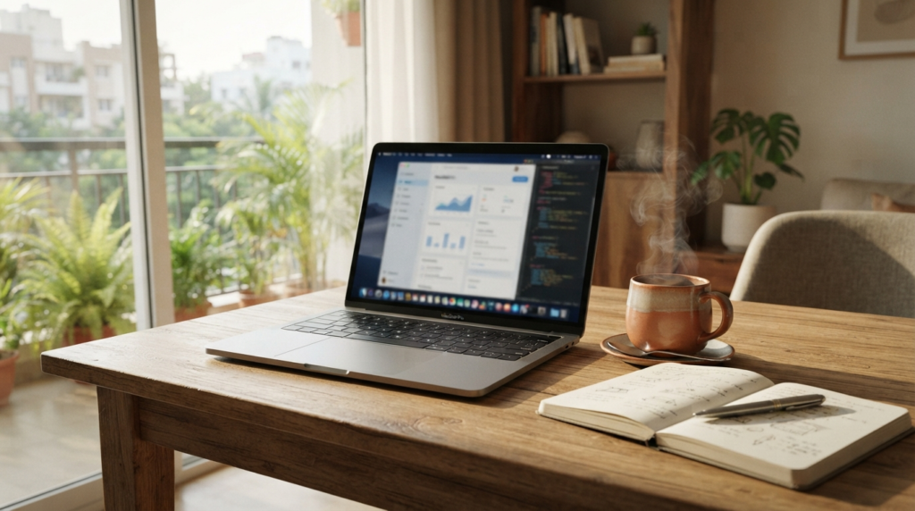 A sleek, professional laptop open on a modern wooden desk in a sunlit room, with a steaming cup of tea and a notebook nearby.