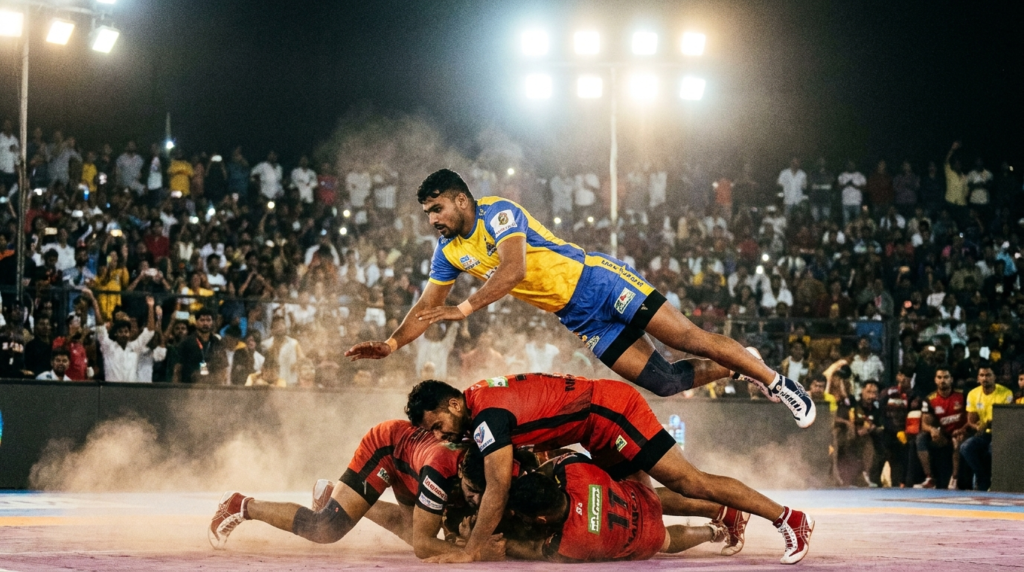 A vibrant action shot of a Pro Kabaddi player leaping to score a point, with defenders scrambling to tackle him. The stadium lights illuminate the dynamic movement.