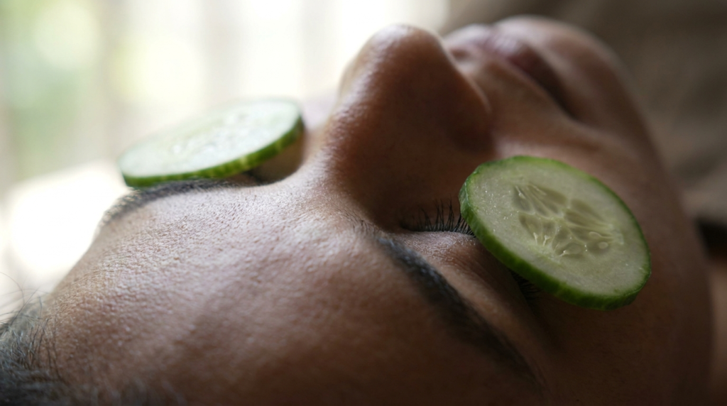 A close-up shot of a woman's eyes, with slices of cucumber resting on her closed eyelids. Soft, natural light illuminates the scene.