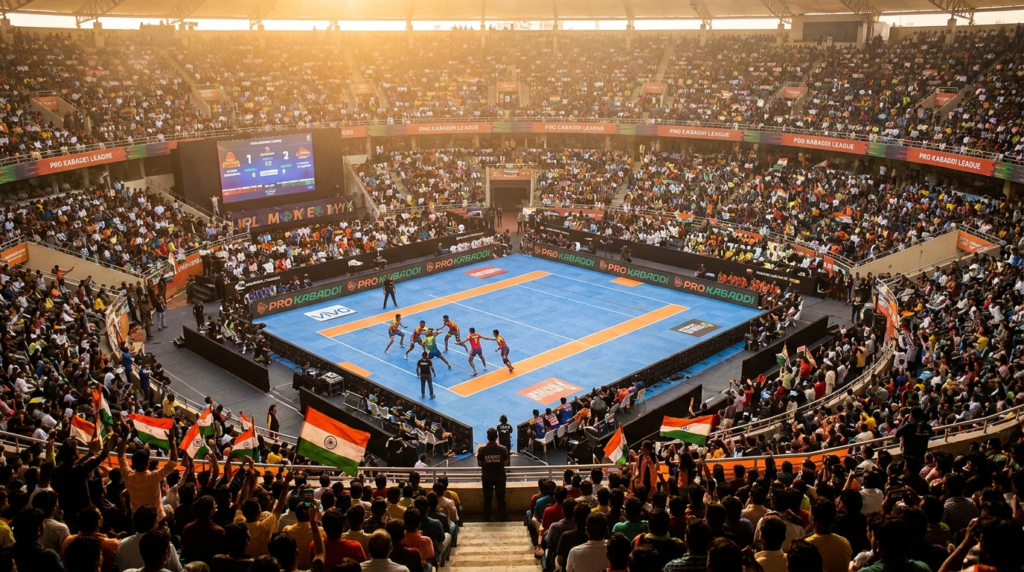 A wide shot of a packed Pro Kabaddi League stadium, with players in action on the mat and vibrant crowd cheering loudly