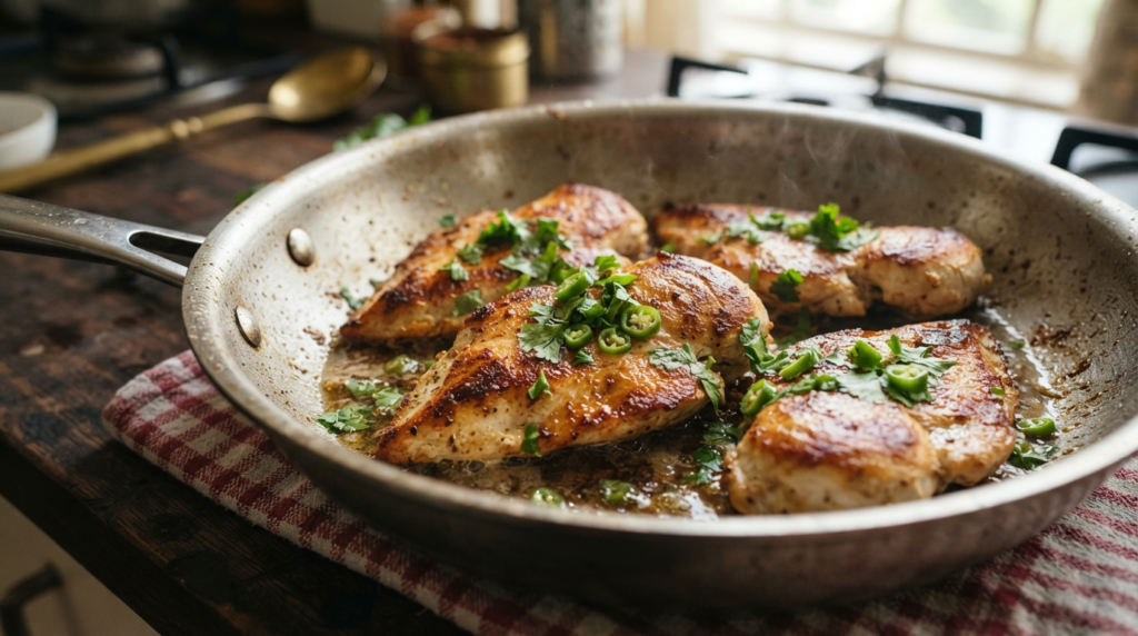 A close-up shot of a stainless steel pan showing golden-brown seared chicken breast fillets garnished with freshly chopped coriander and sliced green chillies.