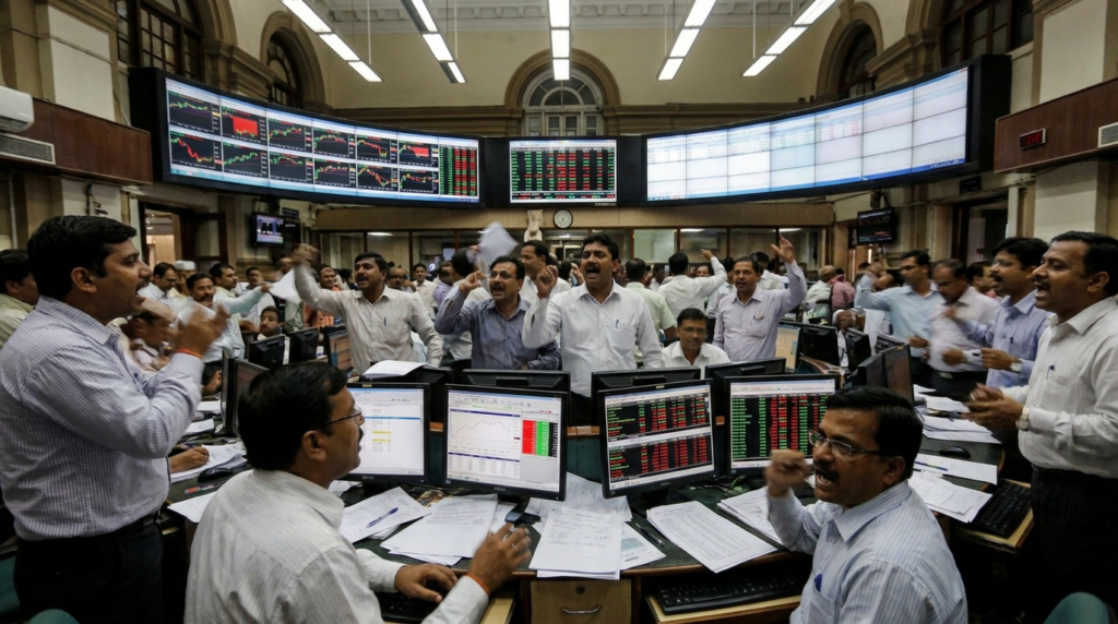 A bustling trading floor with multiple screens displaying stock tickers and graphs, conveying energy and activity.