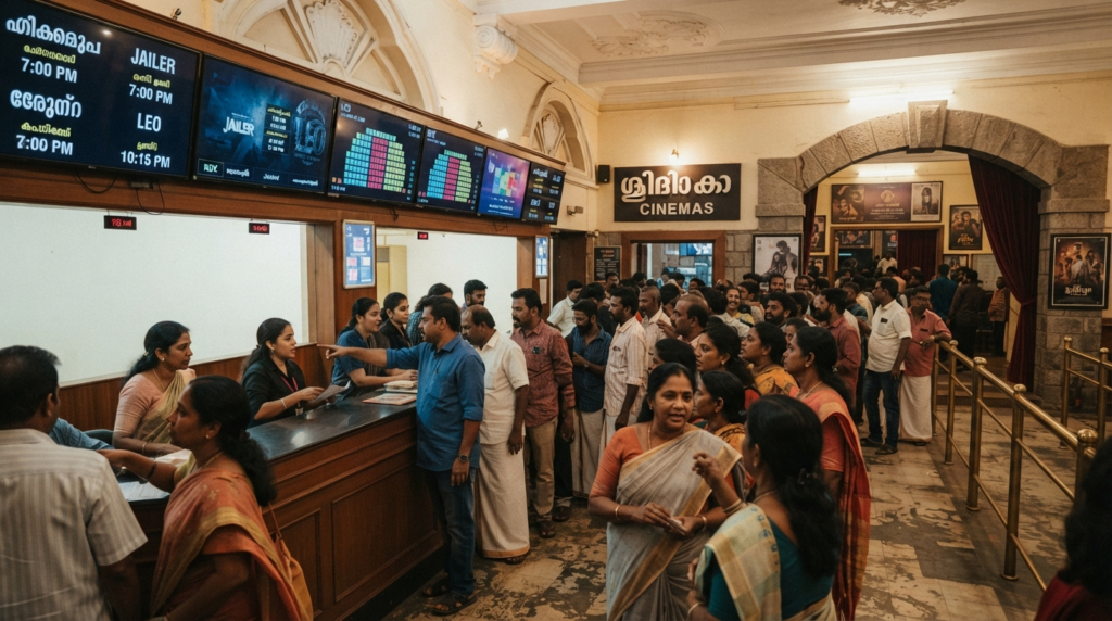 A crowded ticket counter at a historic cinema hall in Kochi, with patrons eagerly checking digital displays of showtimes and seat availability.
