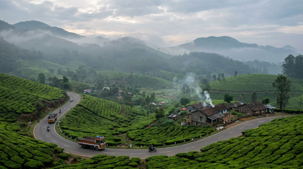 A panoramic view of lush green hills with mist swirling around the peaks, a small village nestled in the valley below, and a winding road leading towards it.