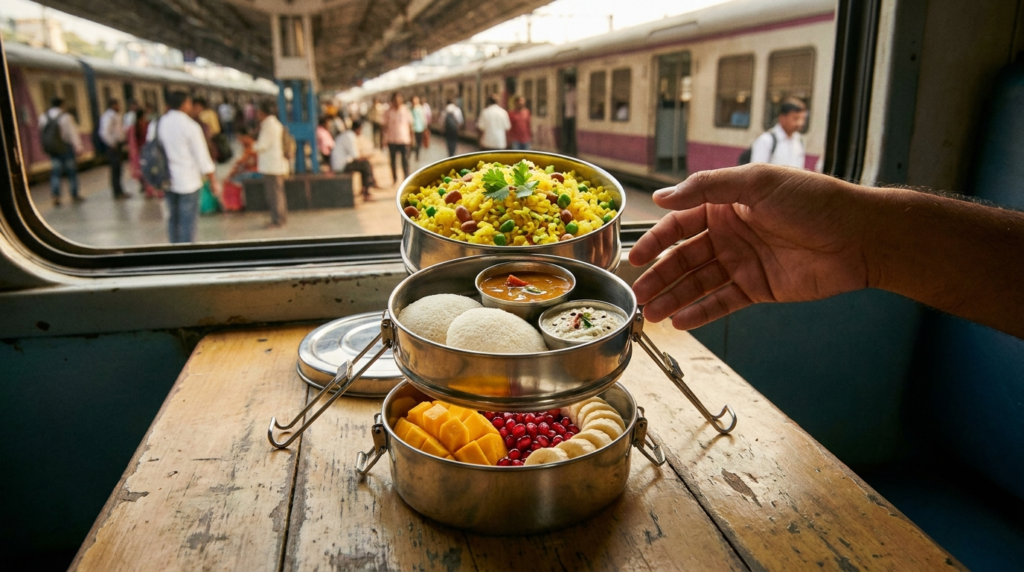 A neatly packed tiffin box with multiple compartments, showcasing colourful breakfast items like poha, idli, and fruit slices, ready for a commute.