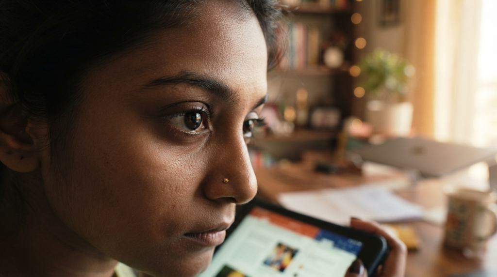 A close-up shot of an eye looking at a digital tablet, with a soft-focus background of a home office setup.