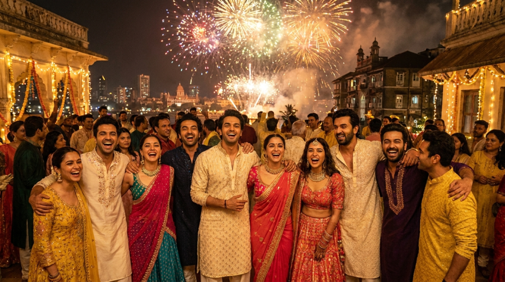 A vibrant Bollywood movie poster featuring a diverse cast laughing heartily, with colourful fireworks in the background.