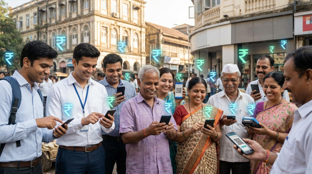 A diverse group of Indian people smiling and using smartphones for various financial transactions, with digital rupee symbols floating around them.