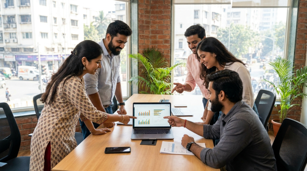 A diverse group of young Indian entrepreneurs collaborating around a table in a modern co-working space, pointing at a laptop screen displaying business charts.