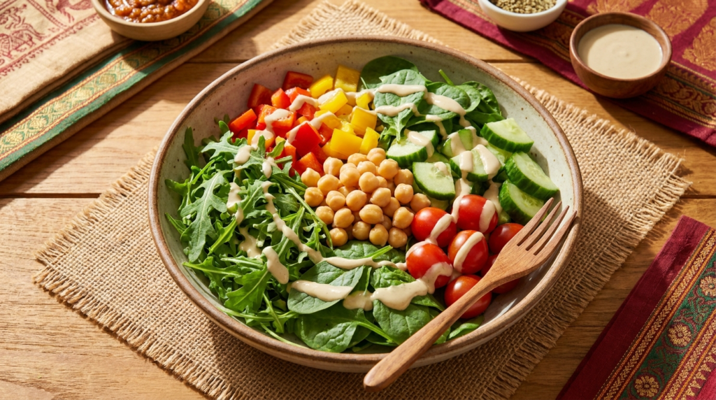 A vibrant, overhead shot of a colourful salad bowl overflowing with fresh greens, chopped vegetables like bell peppers and cucumber, chickpeas, and a drizzle of dressing, with a fork resting on the side.