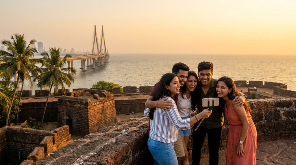 A group of friends taking a selfie with the Bandra-Worli Sea Link in the background, standing near the ramparts of Castella de Aguada (Bandra Fort).