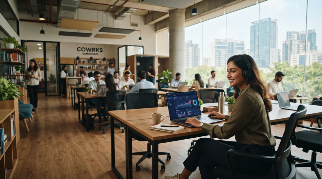 A wide-angle shot of a bright, modern co-working space in Gurugram with a professional looking at a digital dashboard on a laptop.