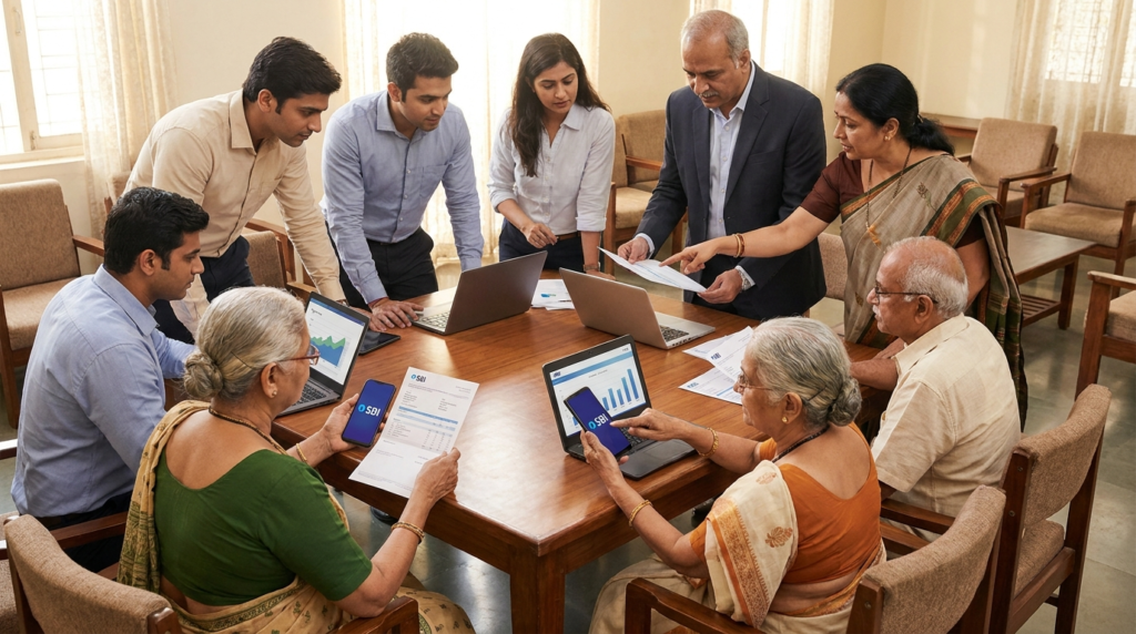 A diverse group of Indian individuals, from young professionals to retirees, are shown reviewing financial documents and using mobile apps with the SBI logo subtly present.
