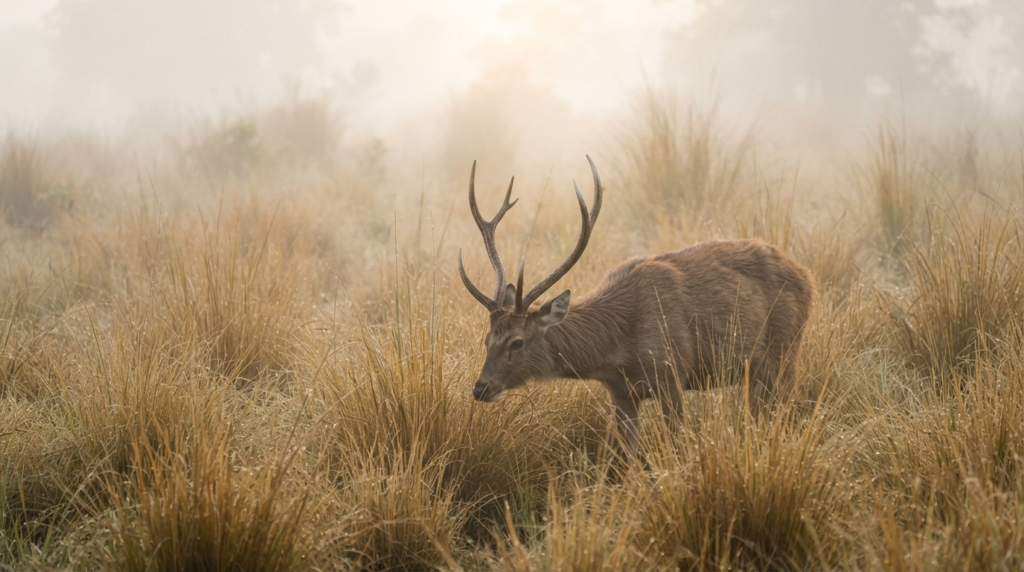 A majestic swamp deer grazing in the tall, golden grass of the Dudhwa National Park during the early morning mist.