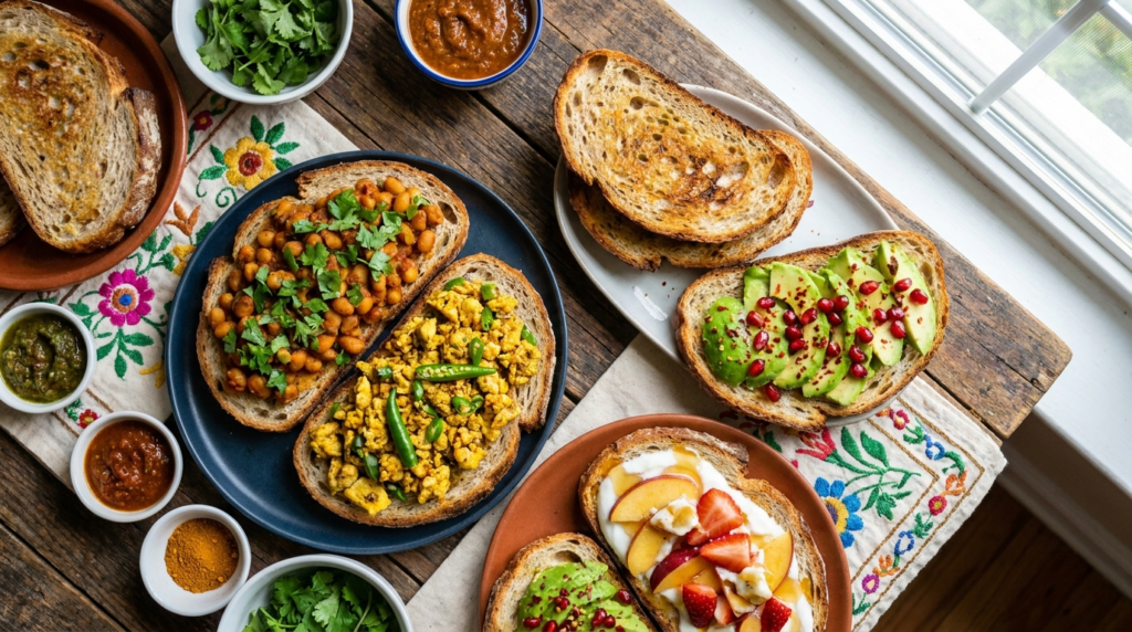 A colourful overhead shot of various bread slices transformed into different breakfast dishes, showcasing vibrant toppings and textures.