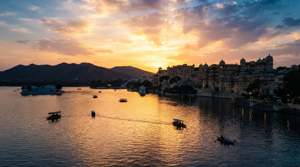 A golden sunset reflecting off the full waters of Lake Pichola in Udaipur, with the City Palace silhouetted against the Aravalli hills.
