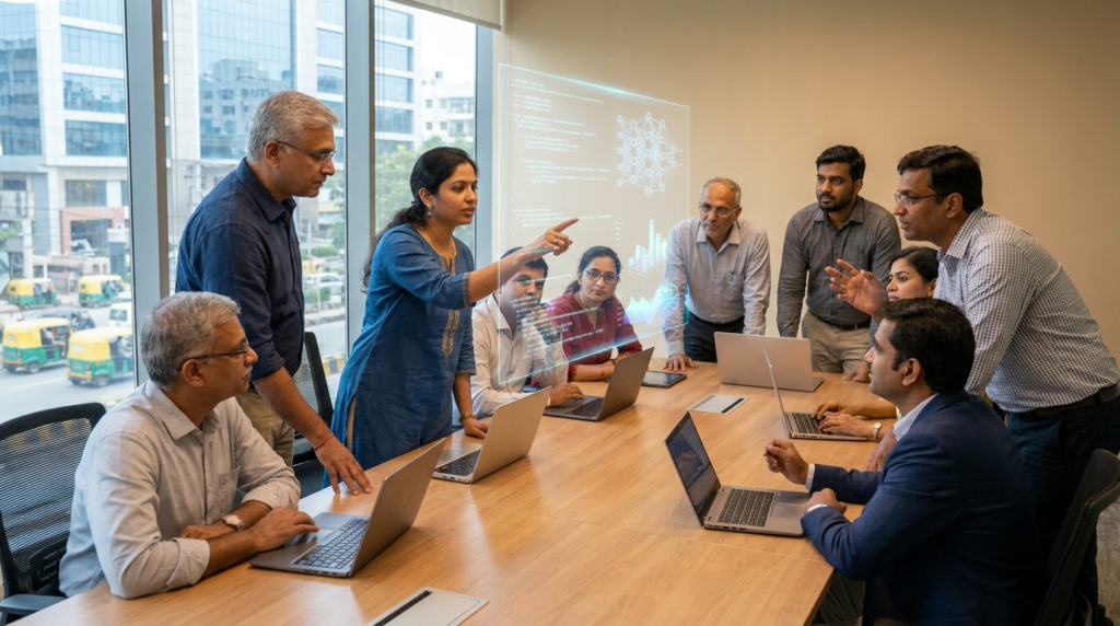 A diverse group of professionals collaborating around a table, with one person pointing at a holographic display showing complex AI algorithms and data visualizations