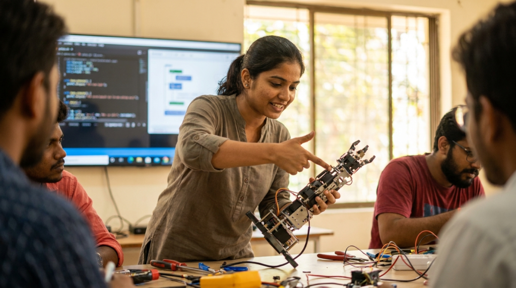A young Indian woman confidently demonstrating a skill, perhaps in a workshop setting with tools, or presenting a digital project on a screen.