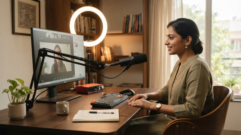A serene, well-lit home office setup featuring a high-end microphone, a ring light, and a organized desk, ready for an online coaching session.
