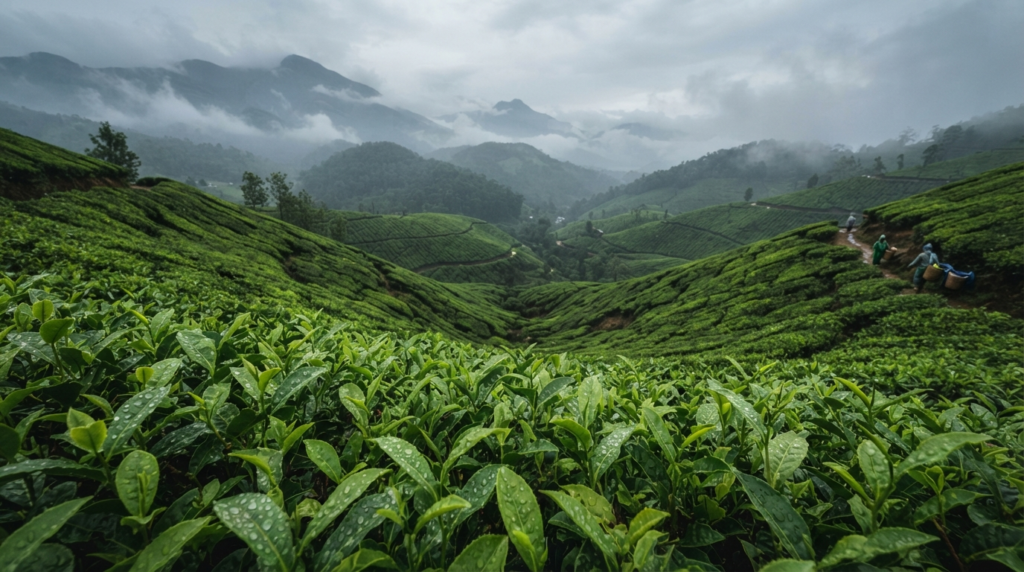 A panoramic view of mist-covered tea plantations in Munnar with raindrops clinging to tea leaves in the foreground