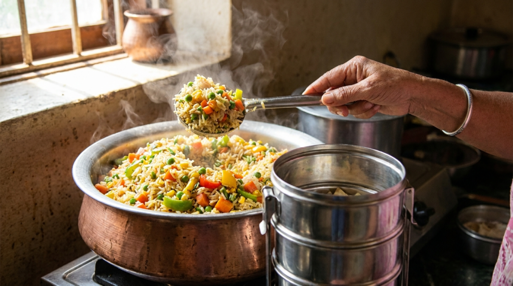 A close-up of a steaming, colourful vegetable pulao being served into a tiffin container, highlighting the vibrant ingredients.
