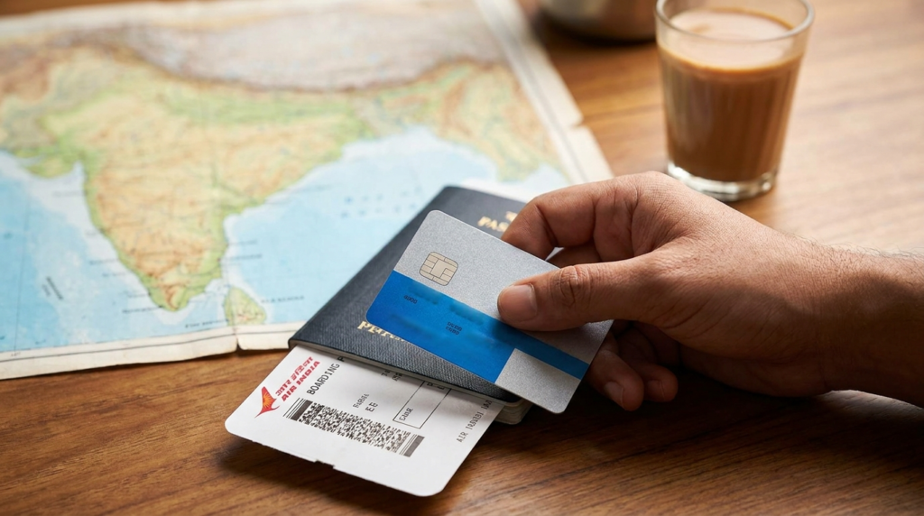 A close-up of a person's hand holding a credit card with a passport and boarding pass in the background, suggesting travel planning.
