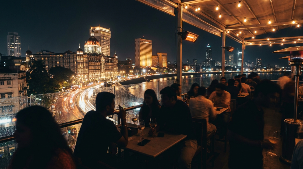 A panoramic nighttime view of Mumbai's skyline from a rooftop bar, with silhouetted figures enjoying drinks and conversation.