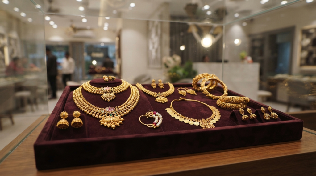 A close-up shot of traditional Maharashtrian gold jewelry displayed in a brightly lit, modern showroom in Solapur.