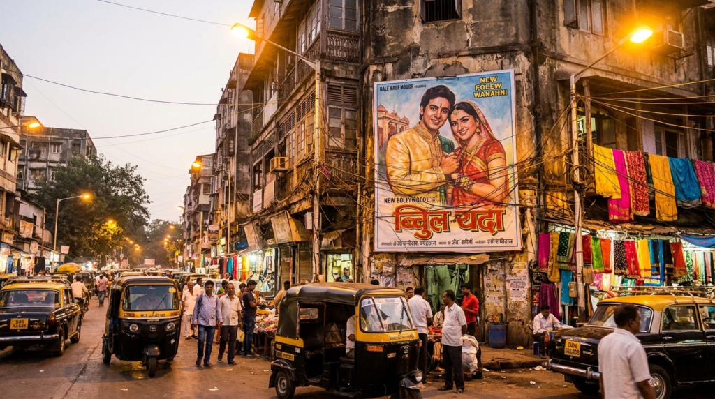 A vibrant street scene in Mumbai with a film poster of a new Bollywood movie prominently displayed.