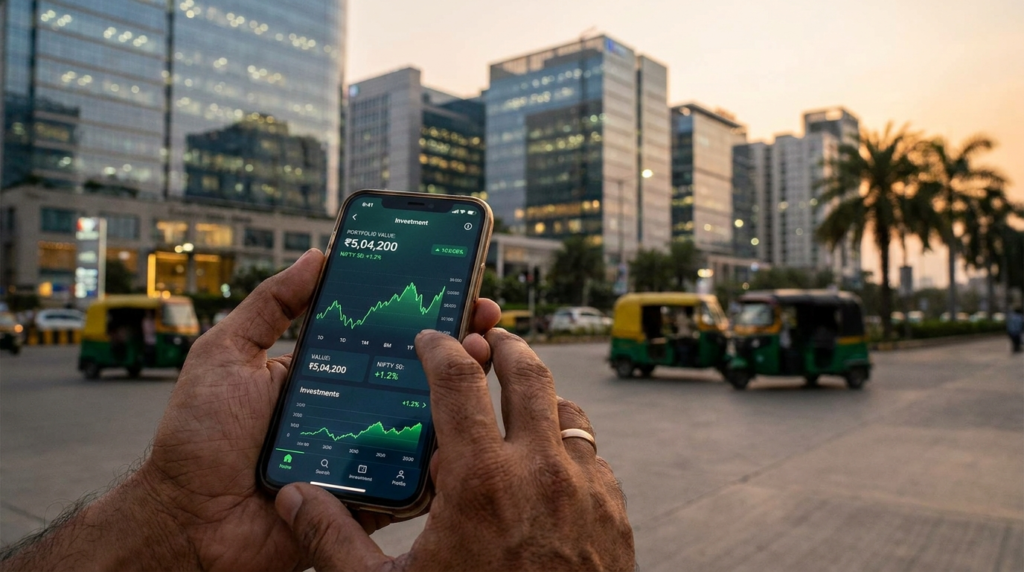 A close-up shot of a person's hand holding a smartphone displaying a financial app interface with charts and investment data, with a blurred background of a modern Indian city skyline.