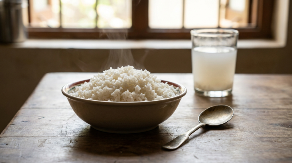 A steaming bowl of plain white rice, with a small serving spoon placed beside it. In the background, a glass of clear rice water can be seen.