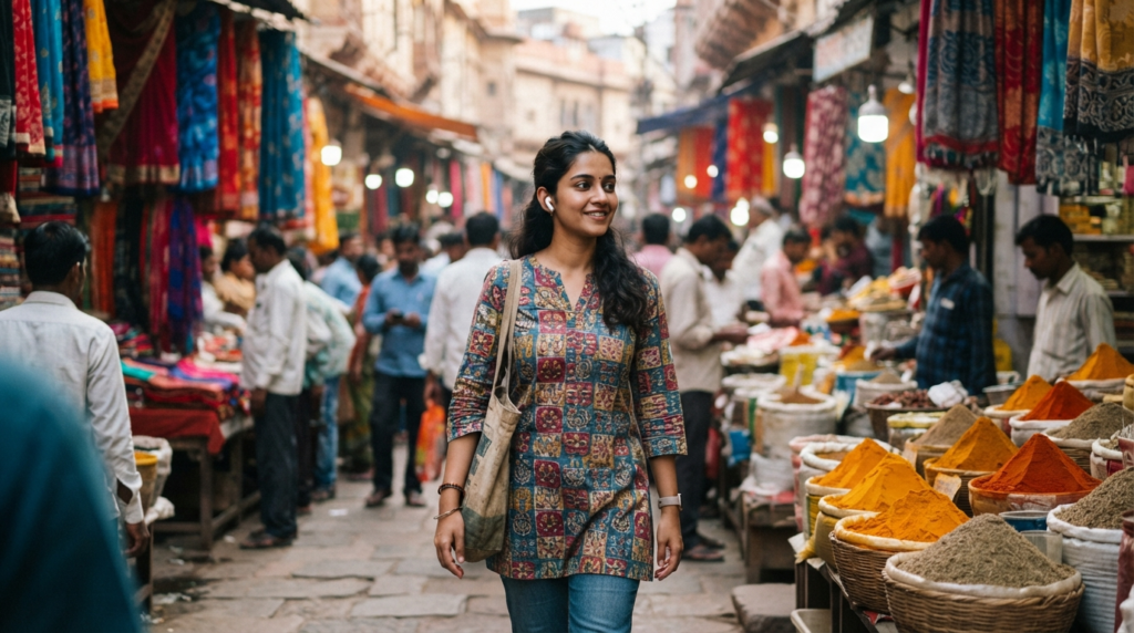 A person walking through a vibrant, bustling Indian street market, wearing wireless earbuds and looking relaxed, with the blurred background showcasing colorful spices and textiles.