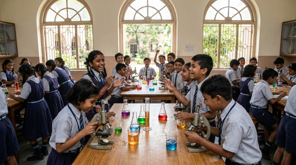 A diverse group of Indian schoolchildren enthusiastically participating in a hands-on science experiment, with colourful beakers and microscopes on their tables.