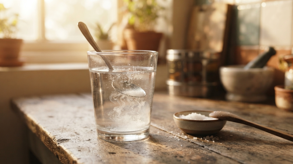 A close-up shot of a clear glass of water with a small spoon of salt dissolving, bathed in warm morning light on a kitchen counter.