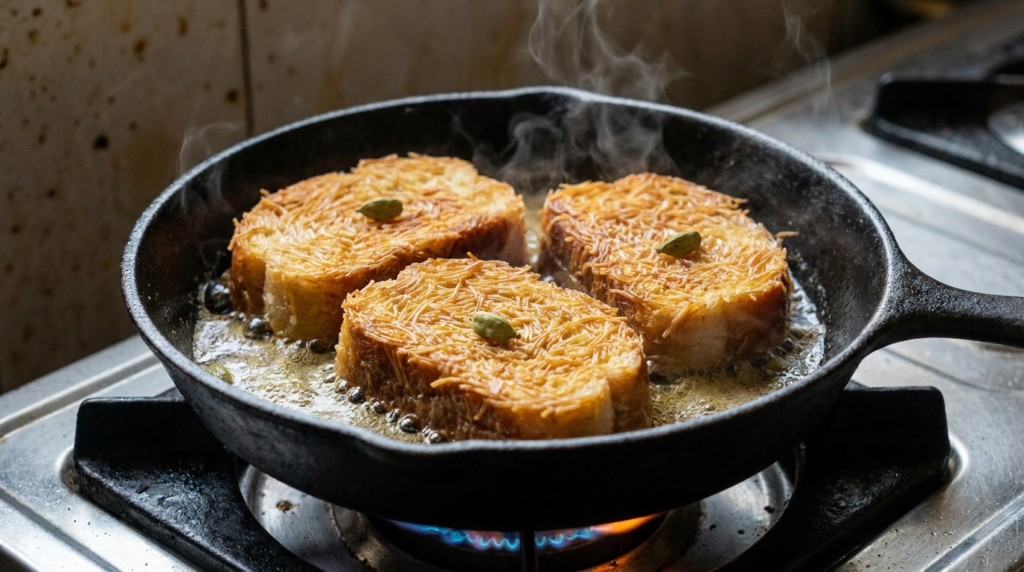 A close-up shot of vermicelli and cardamom toast being pan-fried to a golden crisp.