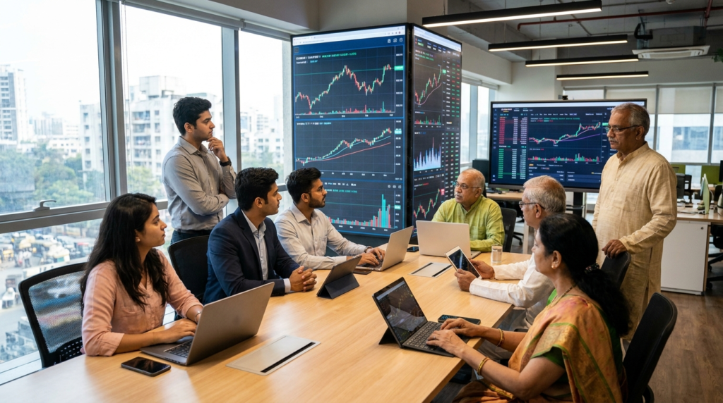 A diverse group of Indian investors, from young professionals to retirees, looking thoughtfully at financial charts on digital screens in a modern office setting.