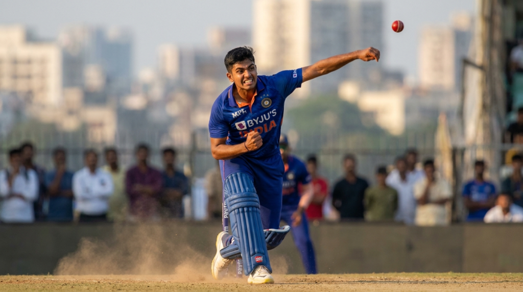 A young Indian cricketer, a fast bowler, in mid-delivery, arm extended and ball just released, with a determined expression.