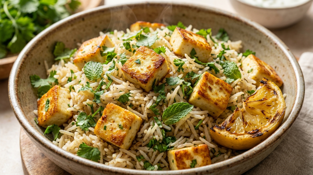 A close-up shot of a bowl of Lemon-Herb Paneer Pilaf, showing fluffy basmati rice mixed with golden-brown paneer cubes and visible green flecks of fresh coriander and mint, with a wedge of lemon on the side.