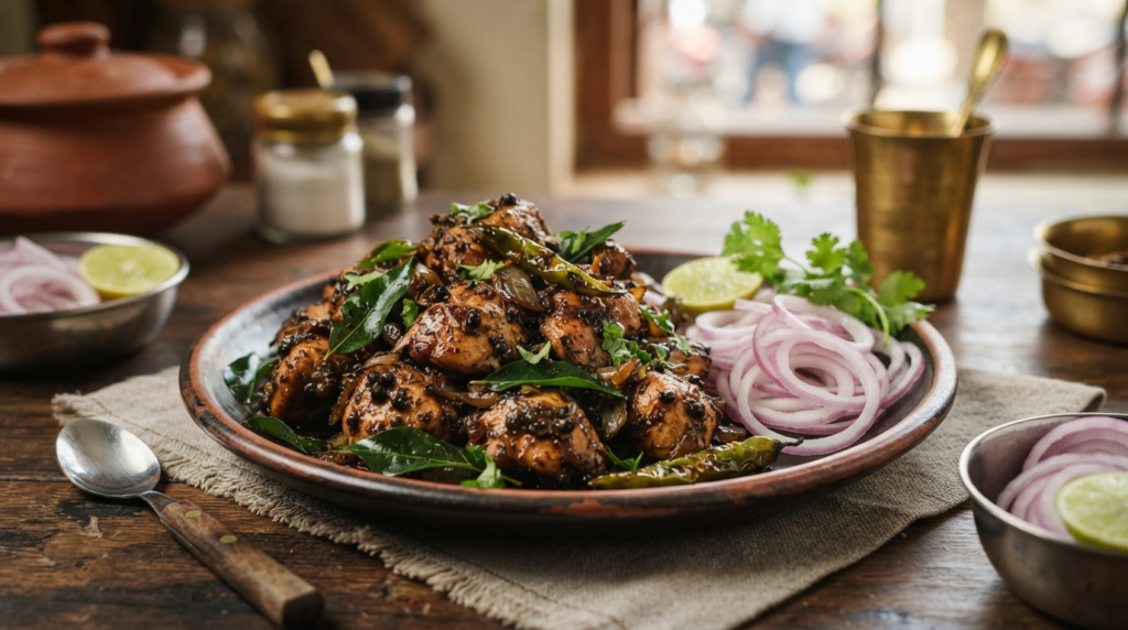 A vibrant plate featuring cubed chicken pieces tossed in a dark pepper sauce, topped with fresh curry leaves and a side of sliced red onions.
