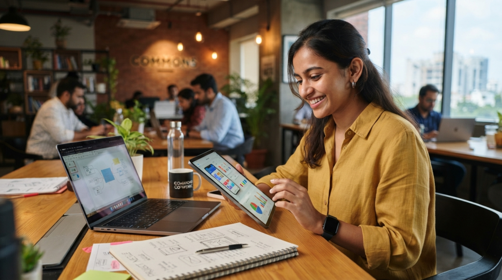 A young entrepreneur in a modern Indian co-working space looking at a tablet with a focused smile, surrounded by sketches and a laptop.