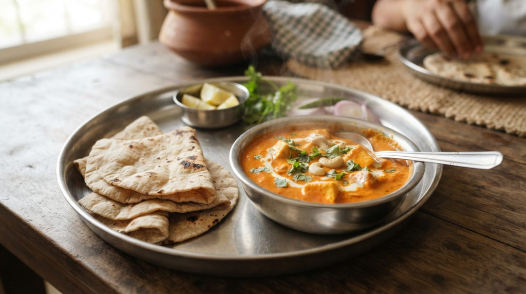 A steaming bowl of rich, orange-coloured paneer gravy served alongside soft, warm jowar rotis on a traditional steel plate.