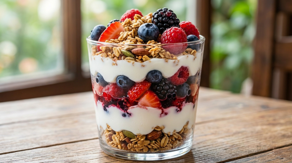 A close-up shot of a layered curd and fruit parfait in a clear glass, showcasing vibrant colours of mixed berries, creamy yogurt, and a sprinkle of granola on top.