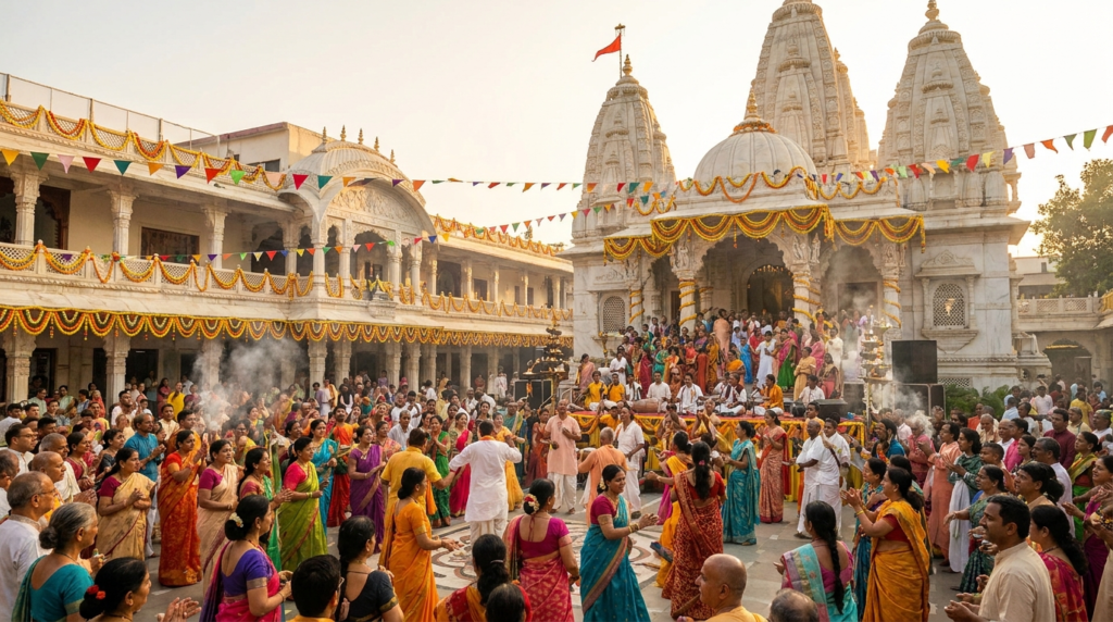 A vibrant shot of the ISKCON Temple in Juhu, Mumbai, with devotees participating in a ceremony, showcasing its grandeur and spiritual activity.