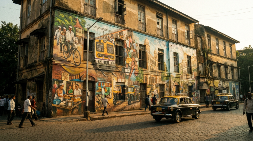 A colourful street art mural depicting various aspects of Mumbai life, located in the Kala Ghoda art district.