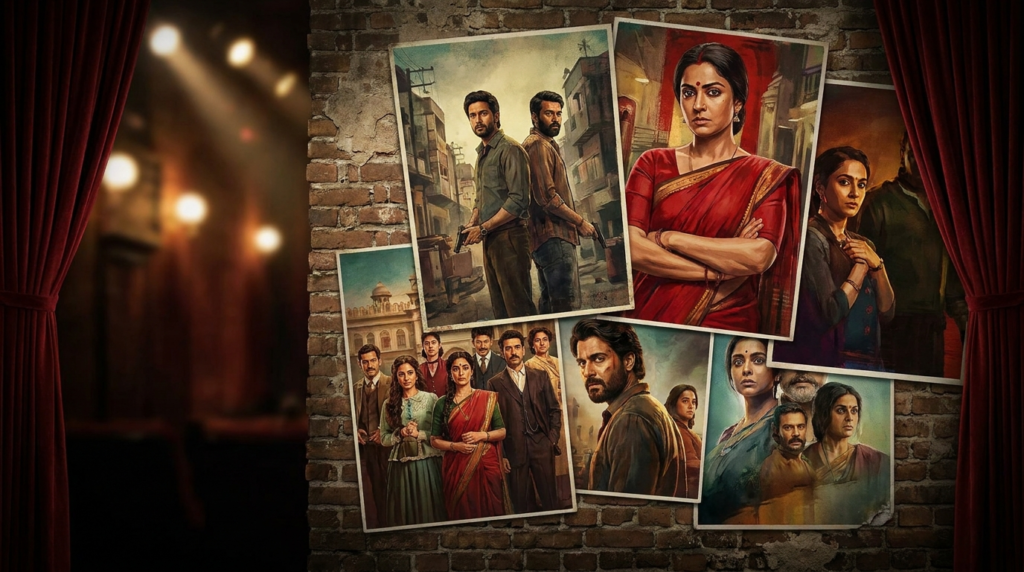 A montage of vibrant posters featuring actors from various new Hindi OTT releases, set against a dark, cinematic background.