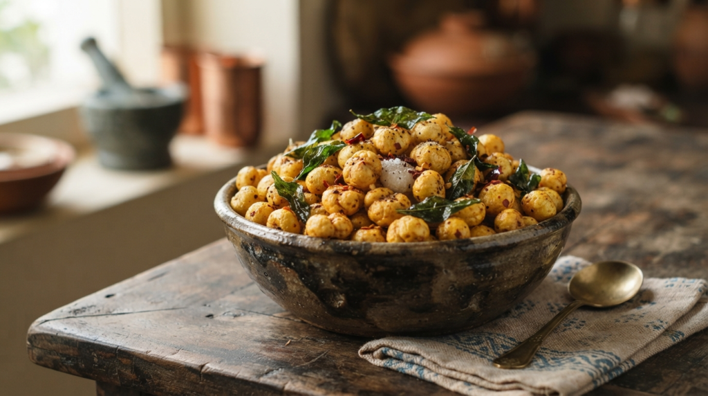 A rustic ceramic bowl filled with golden-brown roasted makhana, garnished with a few curry leaves and chili flakes.