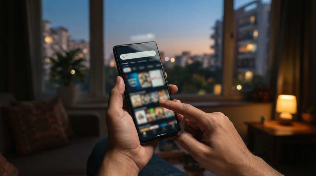 A sleek smartphone displaying a streaming app's search bar, with a blurred background showing a living room window at twilight.