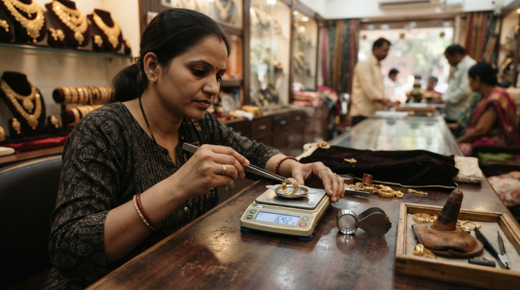An employee at a jewelry store using a digital scale to weigh a gold ring, with a magnifying glass nearby to inspect the hallmark.